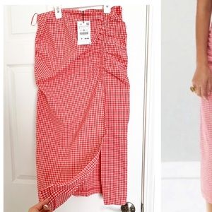 ZARA red and white gingham side slit skirt with ruched front